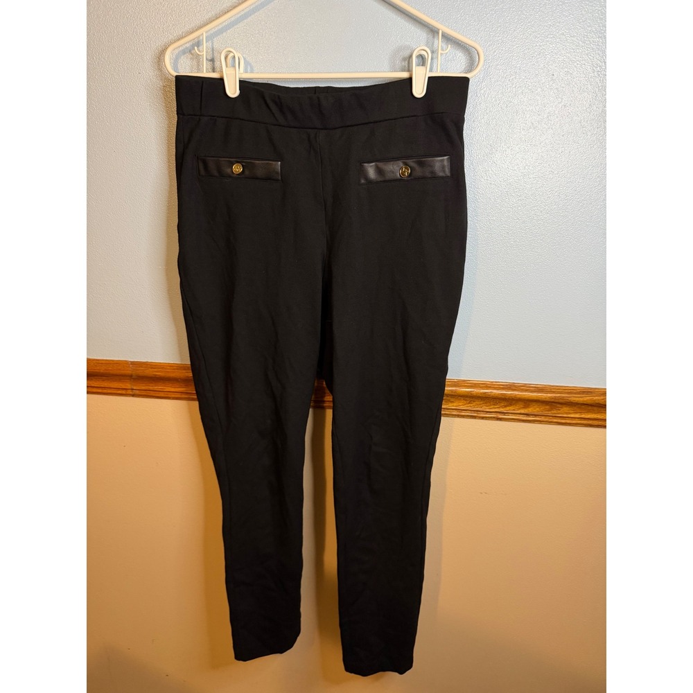 Michael Kors Womens Black Ponte Knit Pull On Pants Faux Leather Trim Size L